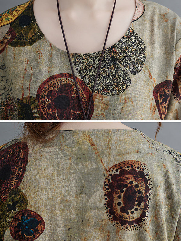 xakxx Artistic Retro Loose Long Sleeves Printed Round-Neck Maxi Dresses