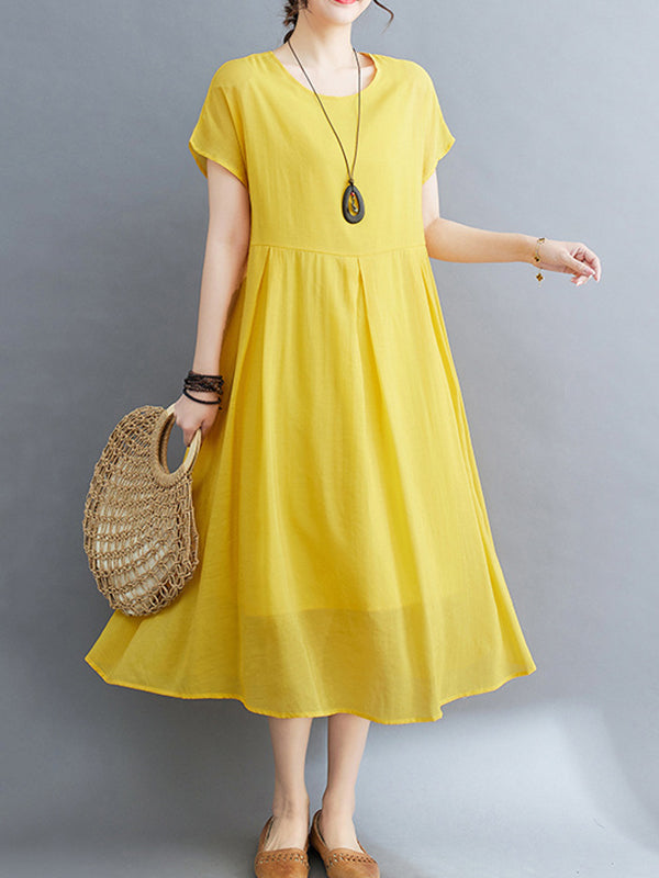 xakxx Loose Short Sleeves Solid Color Split-Joint Round-Neck Midi Dresses