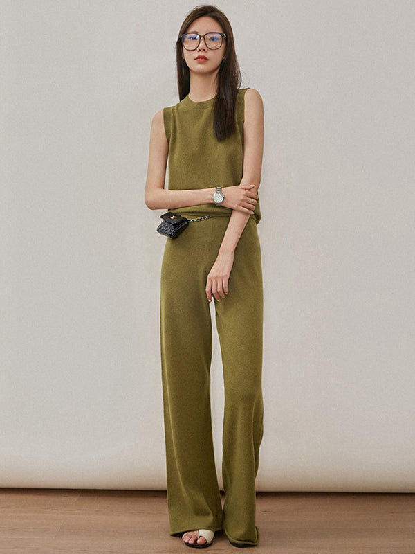 xakxx xakxx-Urban Loose Solid Round-Neck Vest Top& V-Neck Sweater Tops& Wide Leg Pants Three-Piece Set