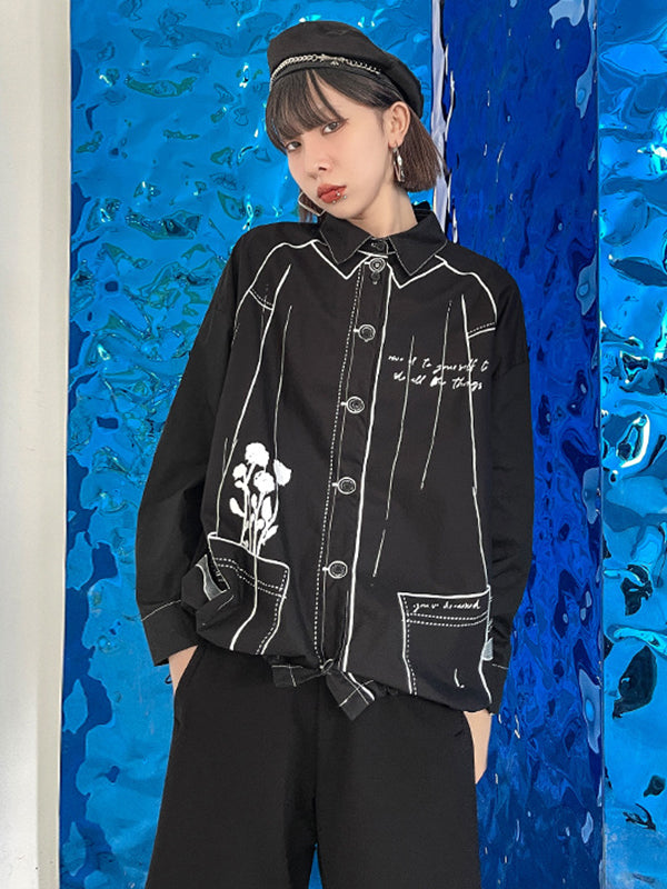 xakxx Casual Contrast Color Printed Drawstring Blouse Top