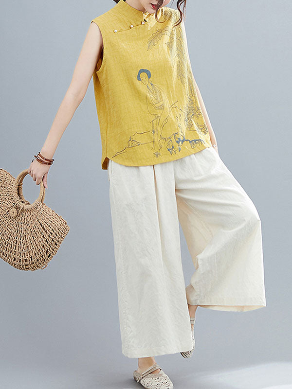 xakxx Artistic Retro Chinese-Style Printed Buttoned Stand Collar Sleeveless Vest