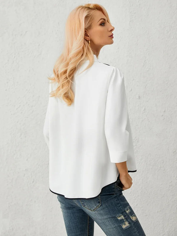 xakxx Casual Three-Quarter Sleeves Figure Buttoned Printed Stand Collar Blouses&Shirts Tops