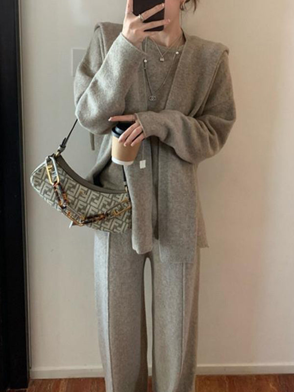 xakxx xakxx-Solid Color Long Sleeves Loose Round-Neck Three Pieces Set