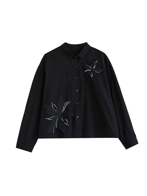xakxx Long Sleeves Loose Applique Buttoned Embroidered Lapel Blouses&Shirts Tops