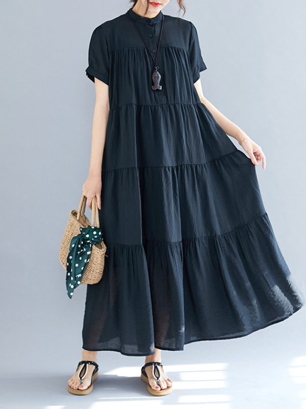 xakxx Vintage Loose Split-Joint Pleated Short Sleeves Round-Neck Midi Dress
