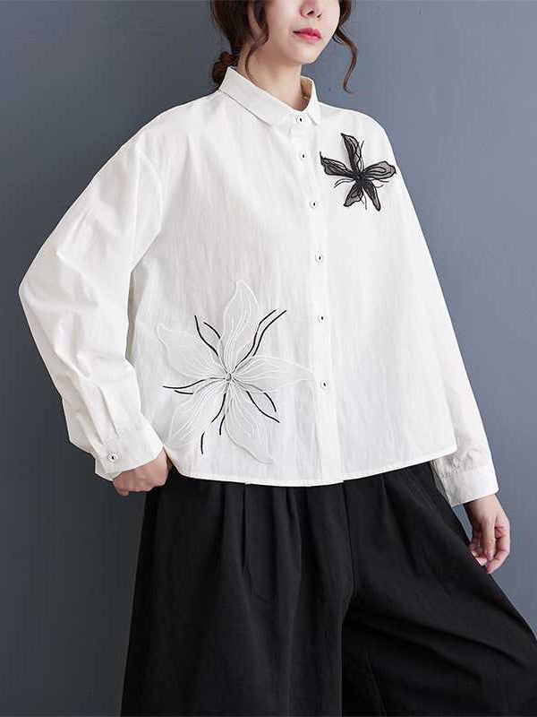 xakxx Long Sleeves Loose Applique Buttoned Embroidered Lapel Blouses&Shirts Tops