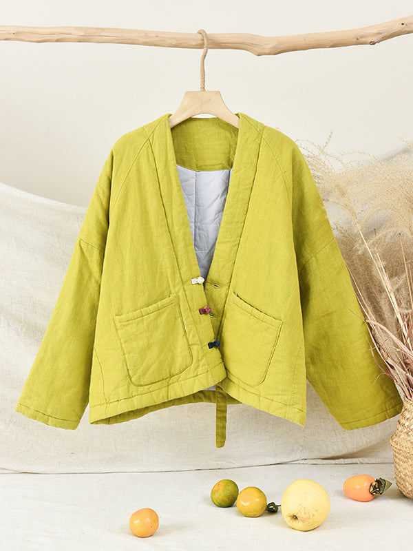 xakxx Vintage Loose Long Sleeves Keep Warm V-Neck Padded Coat
