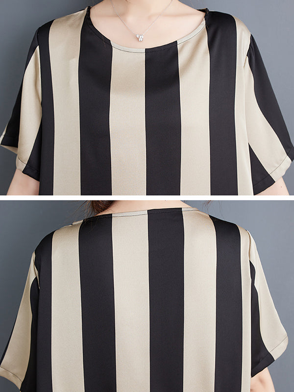 xakxx Irregular Clipping Loose Striped Round-Neck T-Shirt + Wide Leg Pants Two Pieces Set