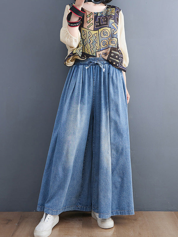 xakxx Simple Casual Loose Wide Leg Drawstring Jean Pants
