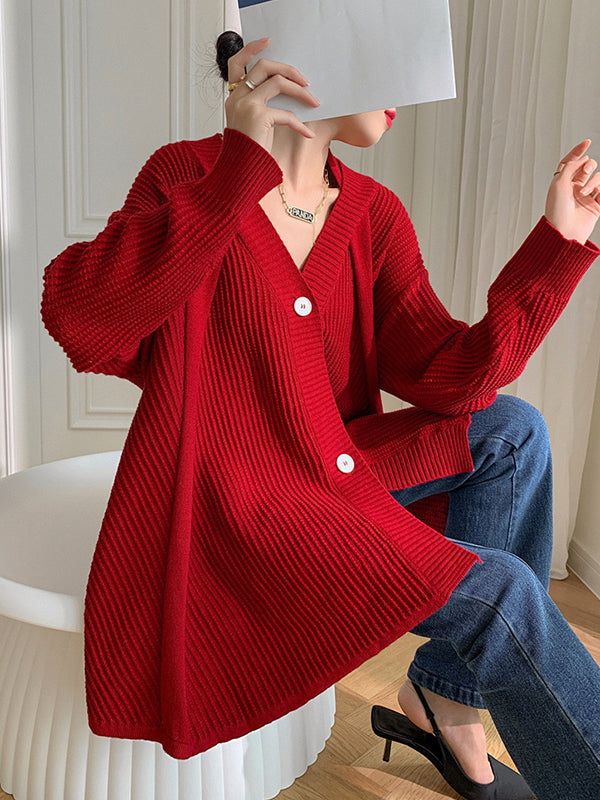 xakxx Stylish A-Line Long Sleeves Loose Solid Color V-Neck Cardigan Tops