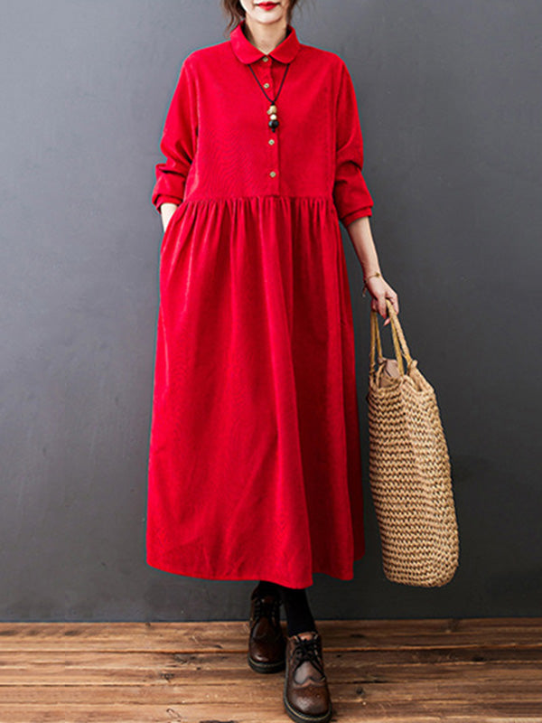 xakxx Vintage Split-Joint Solid Color Long Sleeves Lapel A-Line Corduroy Midi Dress