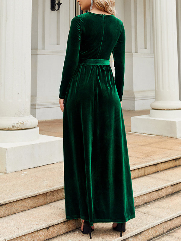 xakxx Long Sleeves Wrap Belted Pleated Solid Color Zipper Round-Neck Maxi Dresses