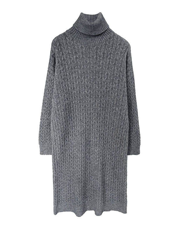 xakxx Stylish Loose Long Sleeves Solid Color High-Neck Twist Sweater Dresses