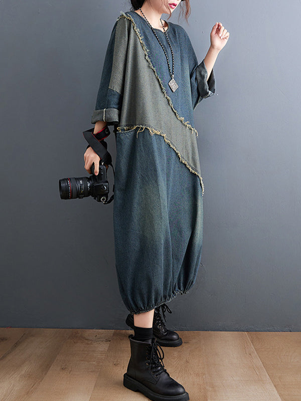 xakxx Original Loose Denim Contrast Color Round-Neck Long Sleeves Midi Dress