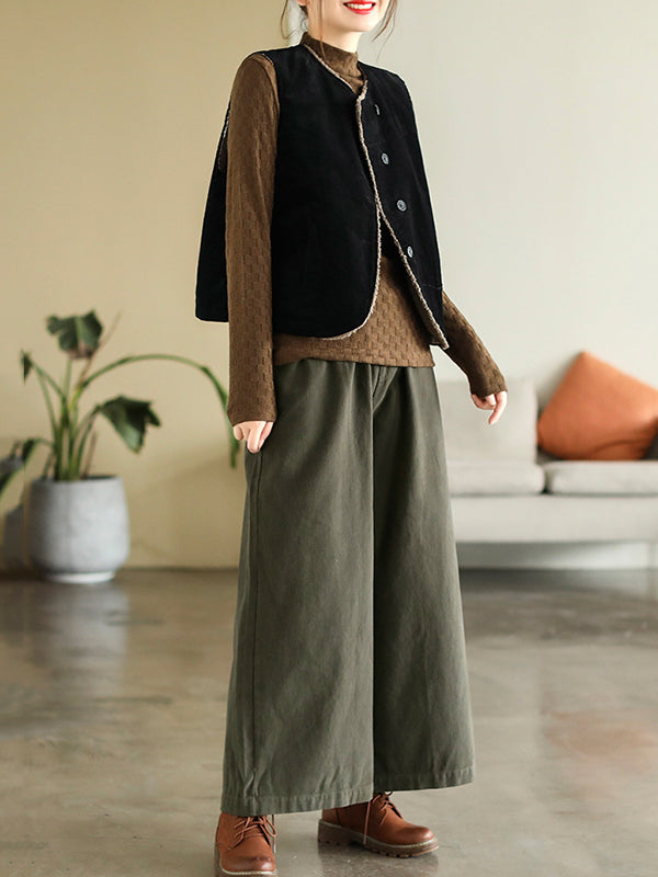 xakxx Vintage Sleeveless Loose Buttoned Split-Joint Solid Color Round-Neck Vest Outerwear