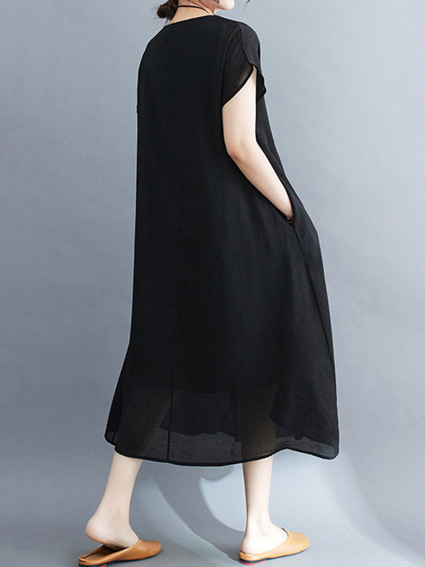 xakxx Loose Short Sleeves Solid Color Split-Joint Round-Neck Midi Dresses