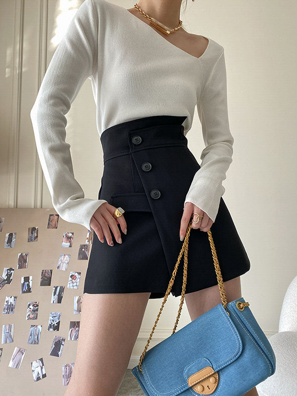 xakxx High Waisted Irregular Clipping Solid Color Culotte Shorts Bottoms