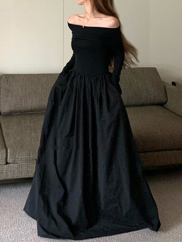 xakxx Long Sleeves Pleated Solid Color Split-Joint Off-The-Shoulder Maxi Dresses