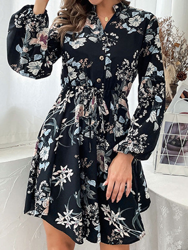 xakxx A-Line High Waisted Buttoned Drawstring Elasticity Flower Print V-Neck Mini Dresses