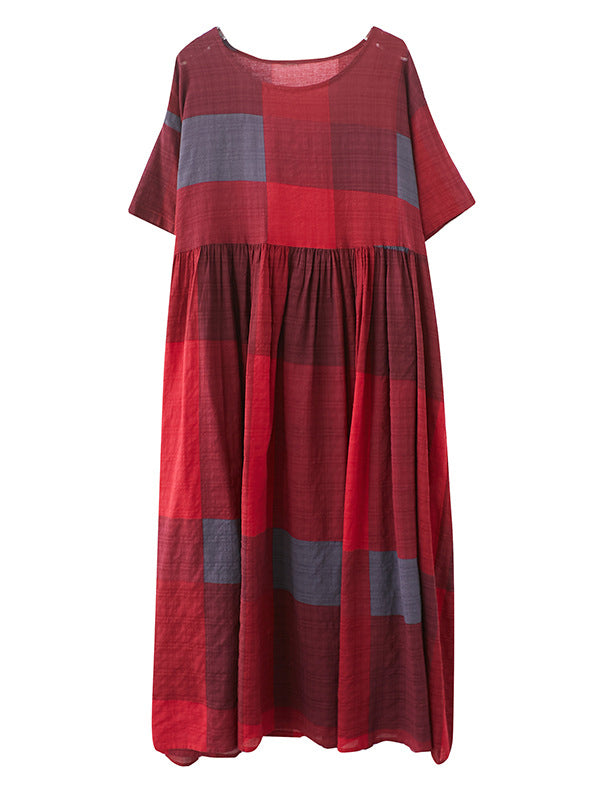 xakxx Artistic Retro Loose Color-Block Pleated Round-Neck Half Sleeves Midi Dress