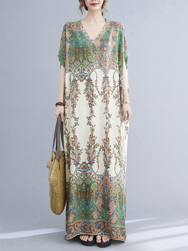 xakxx Vintage Floral Printed V-Neck Batwing Sleeves H-Line Maxi Dress