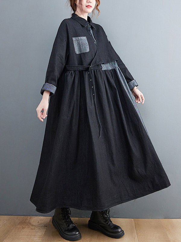 xakxx Original Loose Denim Split-Joint Tied Lapel Collar Long Sleeves Midi Dress
