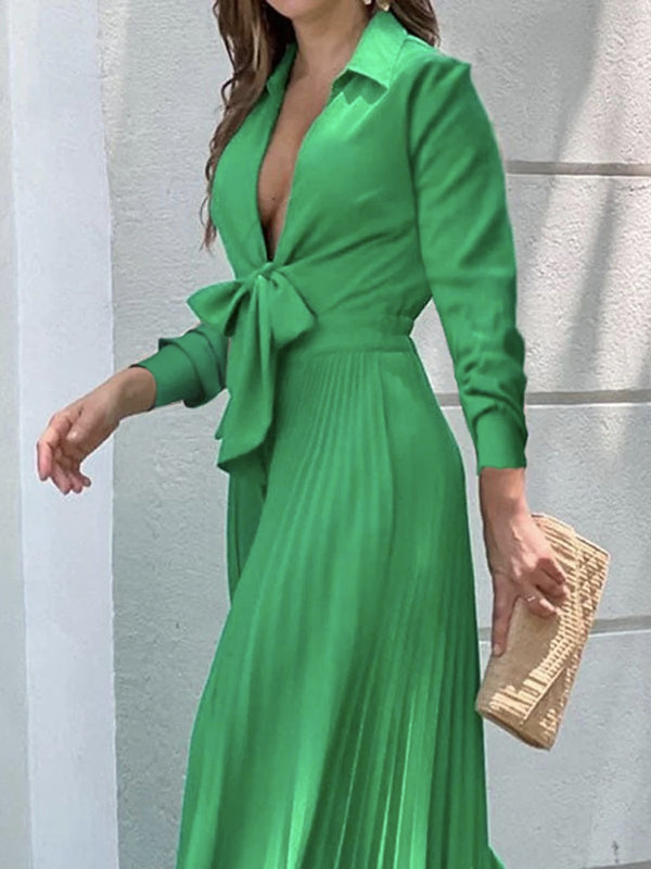 xakxx Simple Long Sleeves Lace-Up Pleated Solid Color Deep V-Neck Jumpsuits