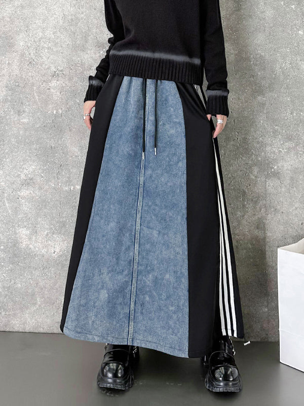 xakxx A-Line Loose Contrast Color Drawstring Split-Joint Striped Skirts Bottoms