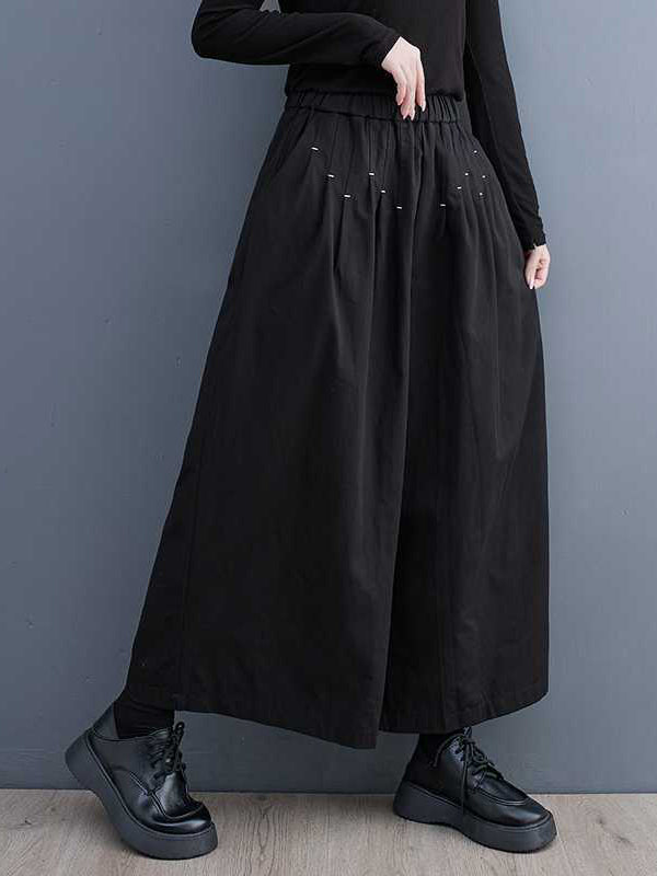xakxx Loose Wide Leg Elasticity Embroidered Pleated Ninth Pants Trousers
