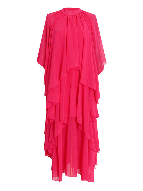xakxx Loose Raglan Sleeve Solid Color Tiered Stand Collar Maxi Dresses
