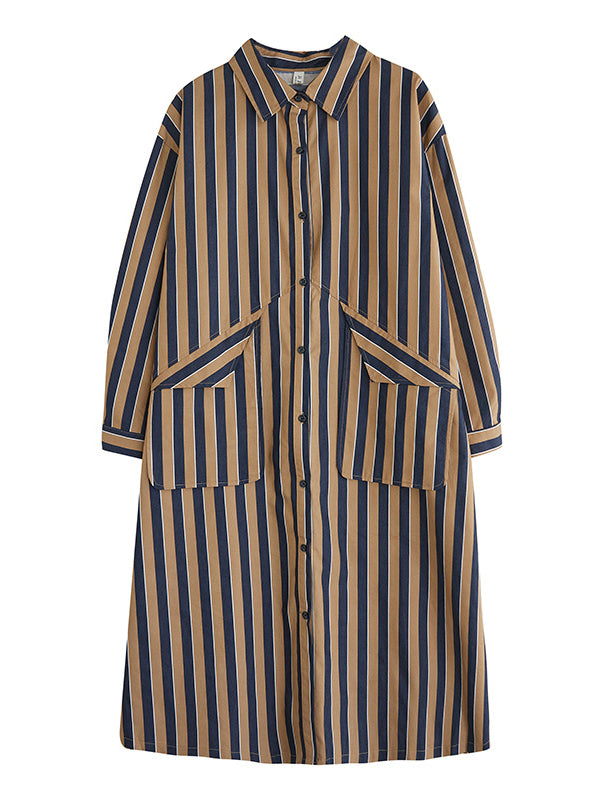 xakxx Original Loose Long Sleeves Buttoned Striped Lapel Collar Midi Shirt Dresses