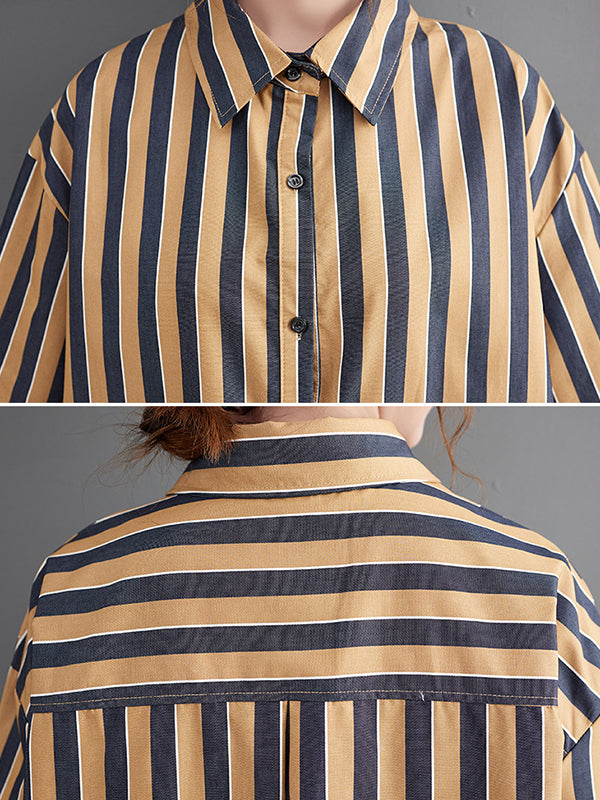 xakxx Original Loose Long Sleeves Buttoned Striped Lapel Collar Midi Shirt Dresses