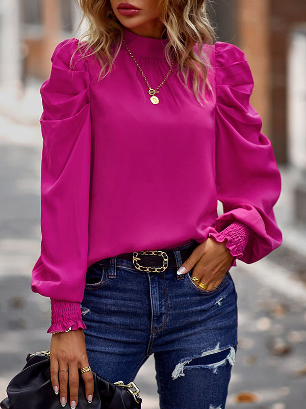 xakxx Bishop Sleeve Long Sleeves Pleated Solid Color Mock Neck Blouses&Shirts Tops