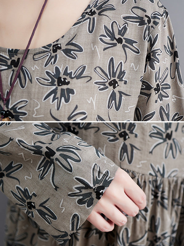 xakxx Artistic Retro Long Sleeves Loose Floral Printed Round-Neck Midi Dresses