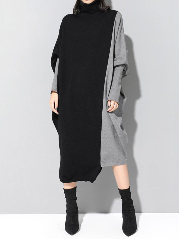 xakxx Casual Loose Split-Joint Contrast Color High-Neck Long Sleeves Dress