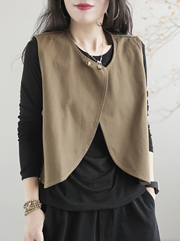 xakxx Artistic Retro Loose Sleeveless Solid Color Round-Neck Vest Outerwear
