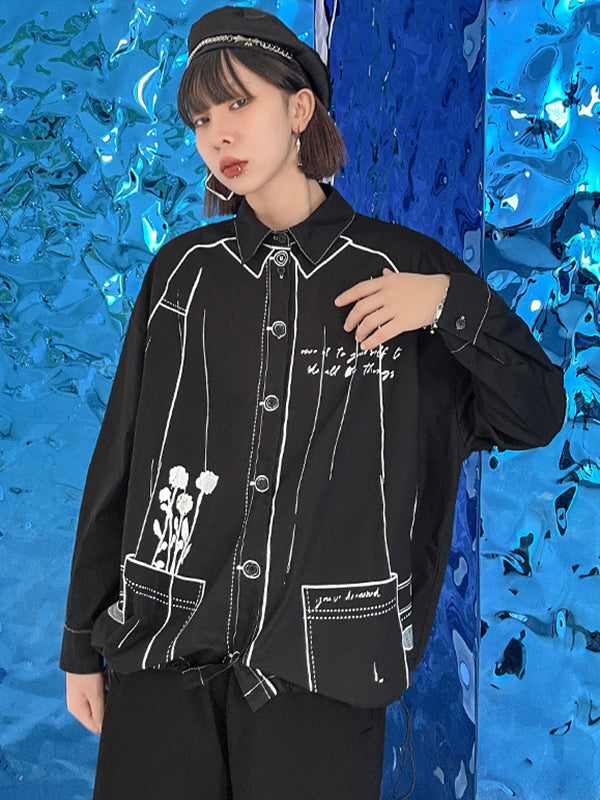 xakxx Casual Contrast Color Printed Drawstring Blouse Top