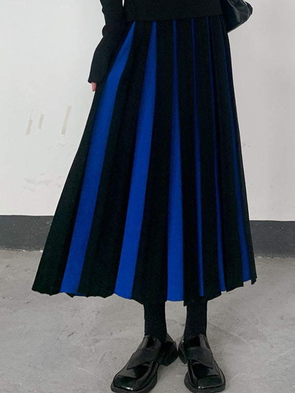 xakxx A-Line Loose Contrast Color Pleated Skirts Bottoms