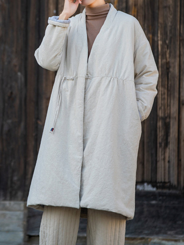 xakxx Long Sleeves Loose Cotton-Padded Clothes Drawstring Quilted Solid Color Velvet V-Neck Outerwear Padded Coat