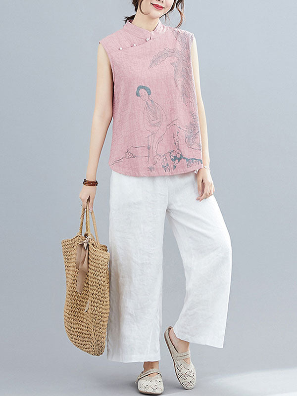 xakxx Artistic Retro Chinese-Style Printed Buttoned Stand Collar Sleeveless Vest