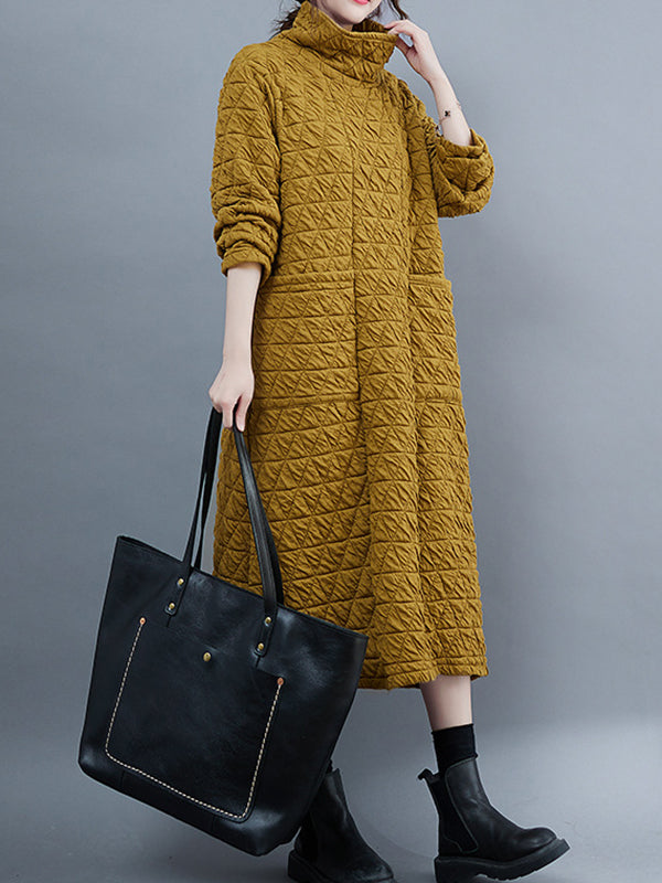xakxx Casual Long Sleeves Loose Solid Color Textured High-Neck Cotton Padded Midi Dresses
