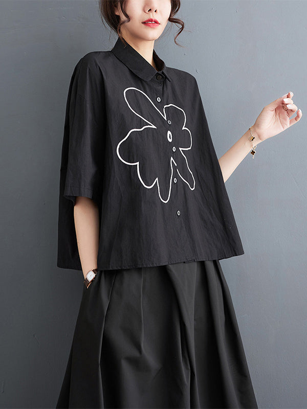 xakxx Loose Short Sleeves Floral Printed Lapel Blouses