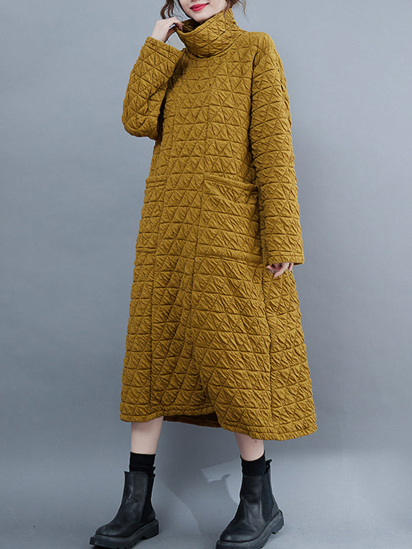 xakxx Casual Long Sleeves Loose Solid Color Textured High-Neck Cotton Padded Midi Dresses