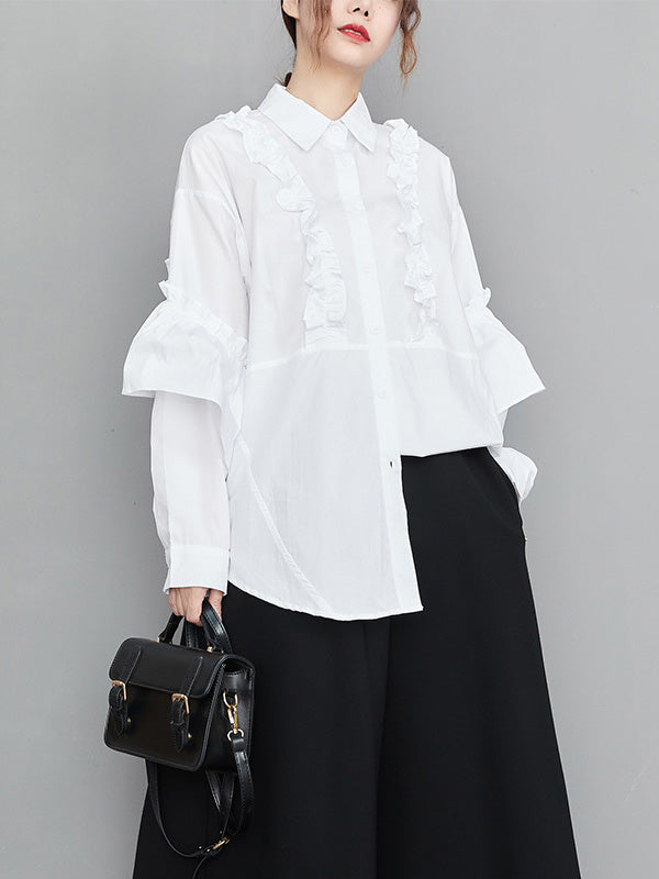 xakxx Casual Loose Long Sleeves Buttoned Ruffled Solid Color Lapel Collar Blouses&Shirts Tops