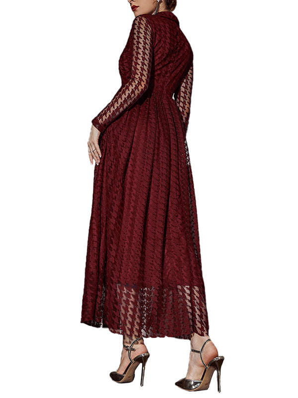 xakxx High Waisted Long Sleeves Buttoned Gauze See-Through Solid Color V-Neck Maxi Dresses