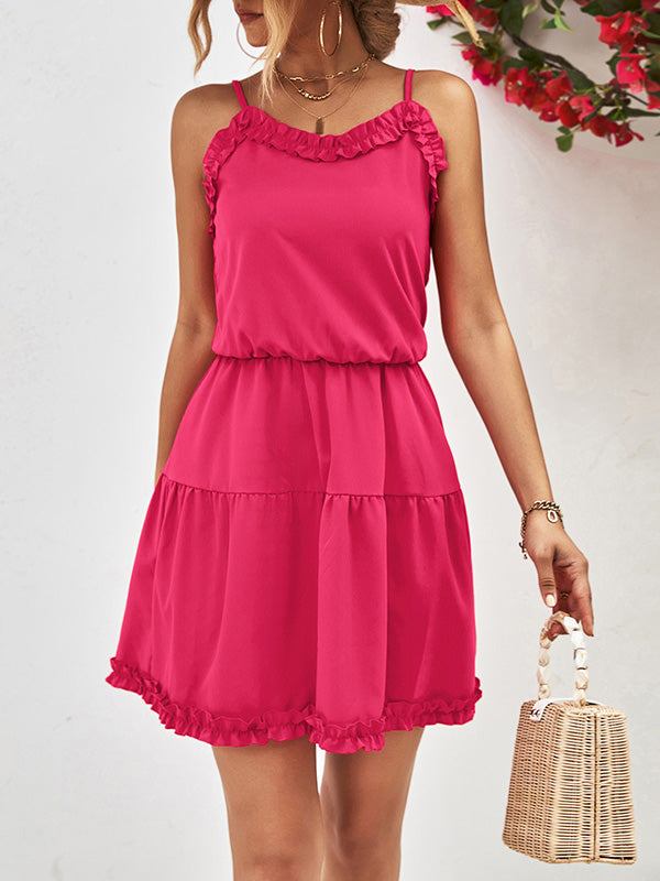 xakxx Loose Sleeveless Falbala Solid Color Spaghetti-Neck Mini Dresses