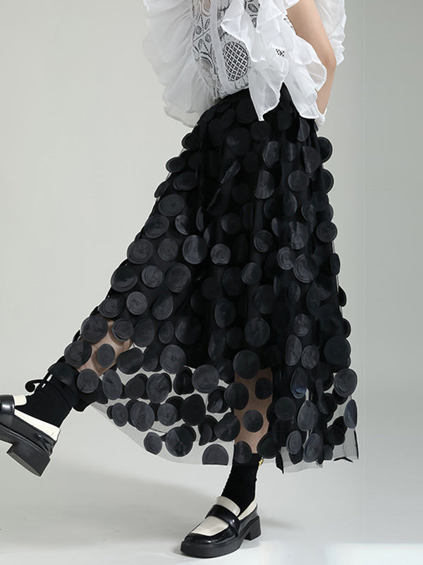 xakxx A-Line High Waisted Mesh Polka-Dot Solid Color Split-Joint Skirts Bottoms
