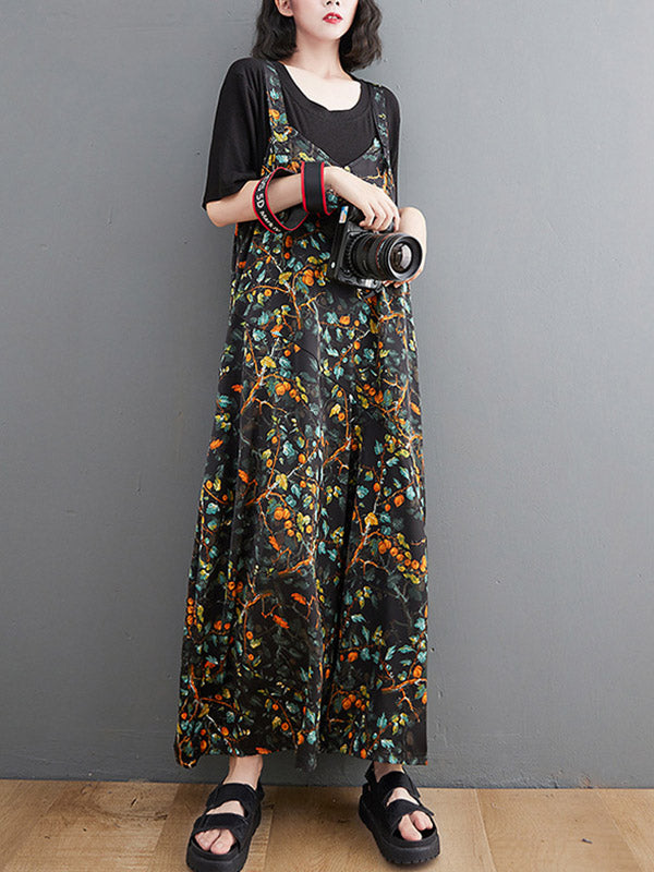 xakxx Loose Artistic Retro Ramie Cotton Floral Printed V-Neck Overalls