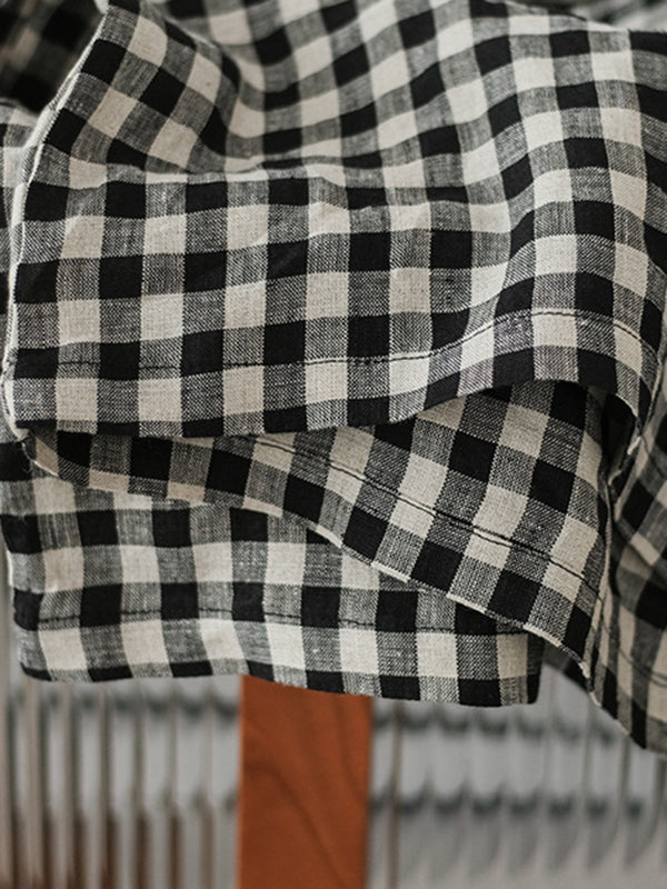 xakxx Artistic Retro Linen Loose Wide Legs Plaid Drawstring Pants