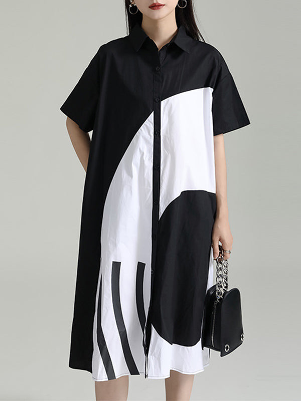 xakxx Loose Short Sleeves Asymmetric Contrast Color Split-Joint Lapel Midi Dresses Shirt Dress